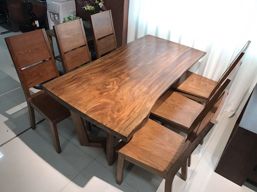 Bộ bàn ăn nguyên tấm gỗ sồi mặt gỗ